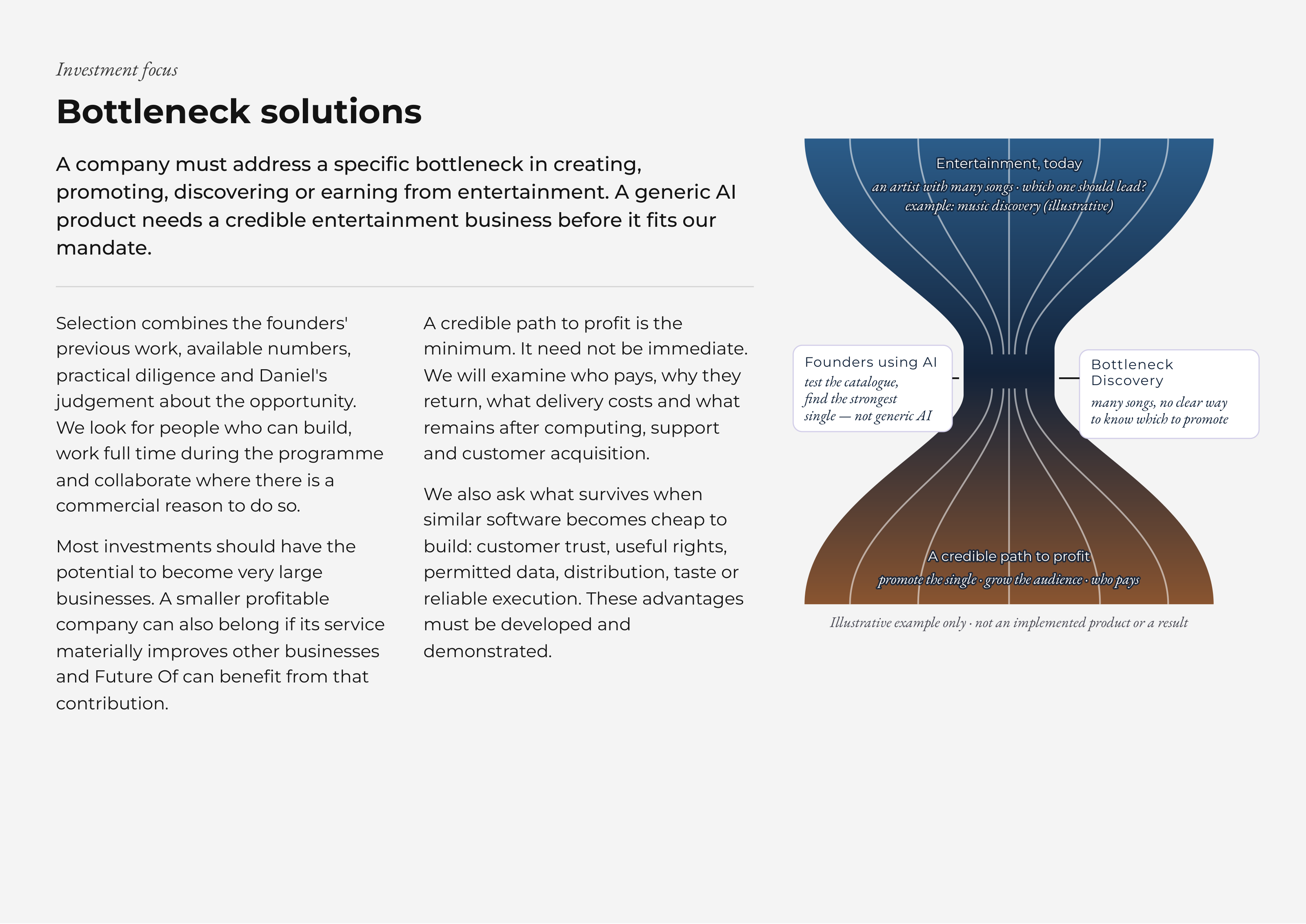 Investment focus Bottleneck solutions A company must address a specific bottleneck in creating, Entertainment,Entertainment, todaytoday promoting, discovering or earning from entertainment. A generic AI anan artistartist withwith manymany songssongs ·· whichwhich oneone shouldshould lead?lead? example:example: musicmusic discoverydiscovery (illustrative)(illustrative) product needs a credible entertainment business before it fits our mandate. Selection combines the founders' A credible path to profit is the previous work, available numbers, minimum. It need not be immediate. Founders using AI Bottleneck practical diligence and Daniel's We will examine who pays, why they test the catalogue, Discovery judgement about the opportunity. return, what delivery costs and what find the strongest many songs, no clear way single — not generic AI to know which to promoteWe look for people who can build, remains after computing, support work full time during the programme and customer acquisition. and collaborate where there is a We also ask what survives when commercial reason to do so. similar software becomes cheap to Most investments should have the build: customer trust, useful rights, AA crediblecredible pathpath toto profitprofit potential to become very large permitted data, distribution, taste or promotepromote thethe singlesingle ·· growgrow thethe audienceaudience ·· whowho payspays businesses. A smaller profitable reliable execution. These advantages company can also belong if its service must be developed and Illustrative example only · not an implemented product or a result materially improves other businesses demonstrated. and Future Of can benefit from that contribution.
