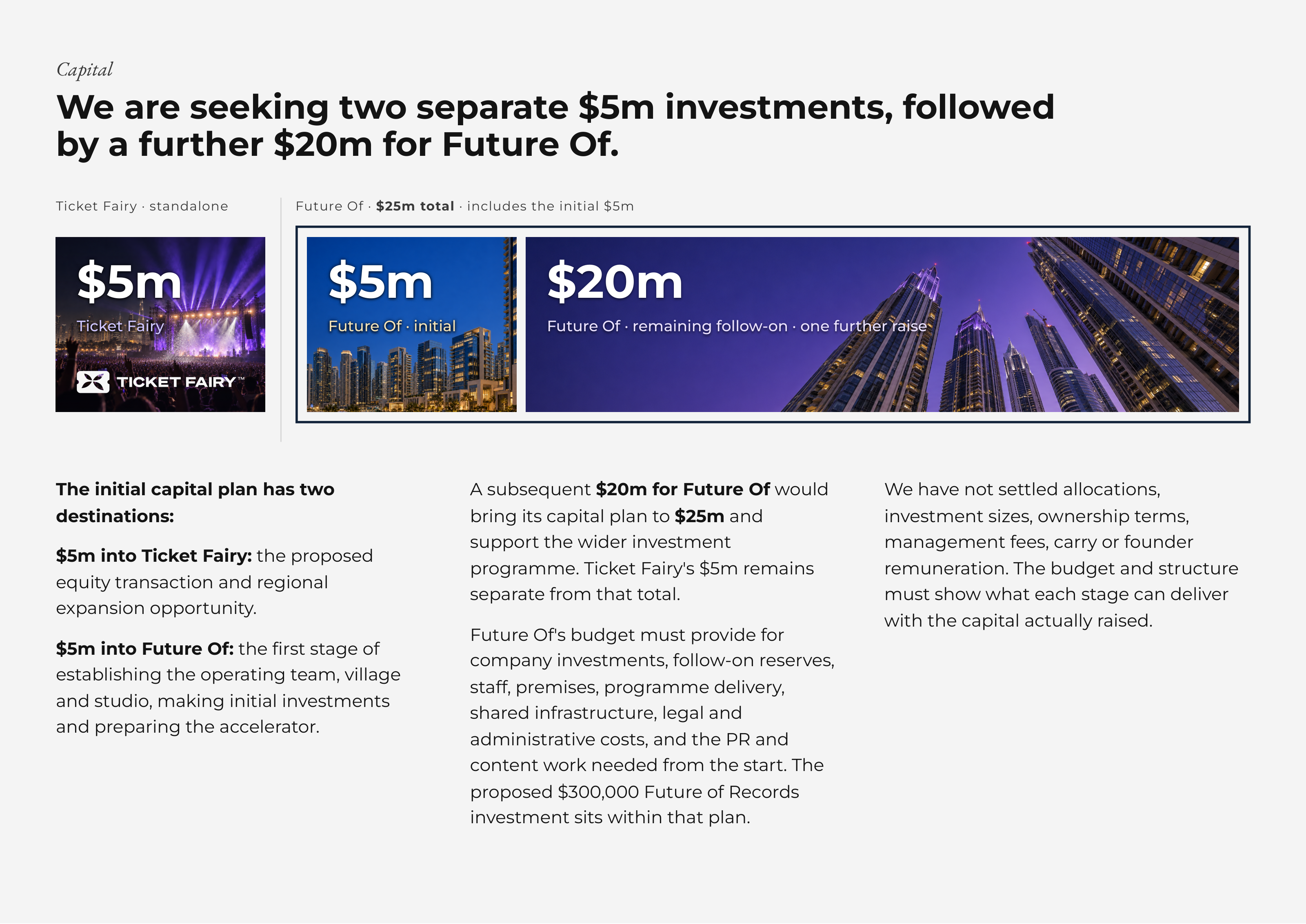 Capital We are seeking two separate $5m investments, followed by a further $20m for Future Of. Ticket Fairy · standalone Future Of · $25m total · includes the initial $5m $5m$5m$5m $5m$5m$5m $20m$20m TicketTicketTicket FairyFairyFairy FutureFutureFuture OfOfOf ··· initialinitialinitial FutureFuture OfOf ·· remainingremaining follow-onfollow-on ·· oneone furtherfurther raiseraise The initial capital plan has two A subsequent $20m for Future Of would We have not settled allocations, destinations: bring its capital plan to $25m and investment sizes, ownership terms, support the wider investment management fees, carry or founder $5m into Ticket Fairy: the proposed programme. Ticket Fairy's $5m remains remuneration. The budget and structure equity transaction and regional separate from that total. must show what each stage can deliver expansion opportunity. with the capital actually raised. Future Of's budget must provide for $5m into Future Of: the first stage of company investments, follow-on reserves, establishing the operating team, village staff, premises, programme delivery, and studio, making initial investments shared infrastructure, legal and and preparing the accelerator. administrative costs, and the PR and content work needed from the start. The proposed $300,000 Future of Records investment sits within that plan.